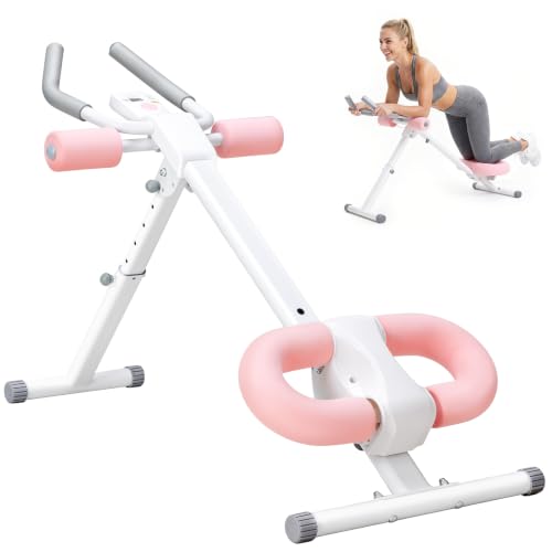 NEWBULIG Ab Machine, Adjustable Ab Trainer for Home Gym, Foldable Abdominal Workout Equipment with LCD Display, Knee Protection, Core Exercise Machine, Pink/White