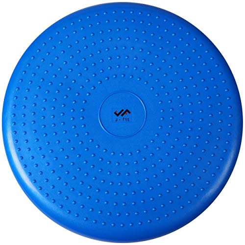 JFIT Inflatable Balance and Stability Disc - Large Yoga Wobble Cushion Trainer with Pump - Core Fitness and Workout Equipment Discs for Home - Office Chair, Ankle Strength Training and Dog or Pet Activity, Blue, 13-Inch