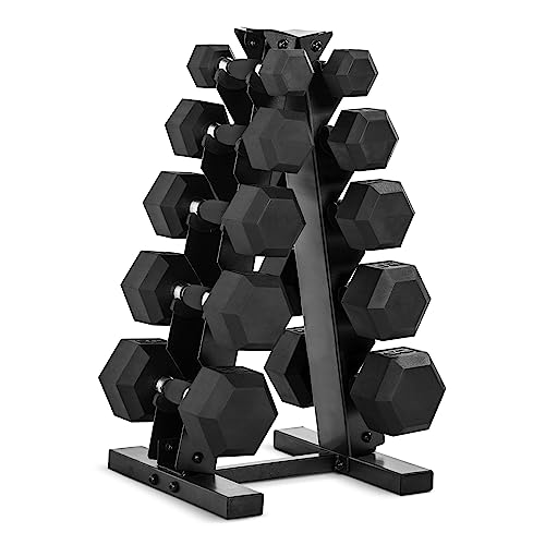 CAP 150lb Rubber Hex Dumbbell Set, Comfort Grip, Black A-Frame Storage Rack
