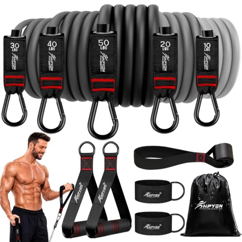 HPYGN Resistance Bands with Handles, 150 lb Exercise Bands for Home Workout | Fitness Bands Equipment Set, Gym & Training Stretch Bands with Door Anchor & Ankle Straps, Travel, Physical Therapy, Yoga