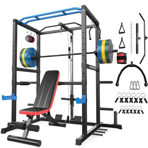 SPORTSROYALS Squat Rack, 1200 lb Power Cage with LAT Pulldown for Home Gym