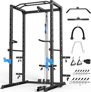 Power Cage, Multi-Functional Power Rack with J-Hooks, Dip Handles, Landmine Attachment and