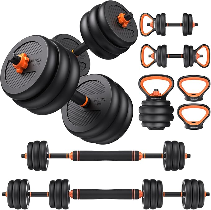 FEIERDUN DS2 Adjustable Dumbbells, 20/30/40/45/70/90lbs Free Weight Set with Connector, 5 in1 Dumbbells Set Used as Barbell, Kettlebells, Push up Stand, Weight Plate, Fitness Exerc
