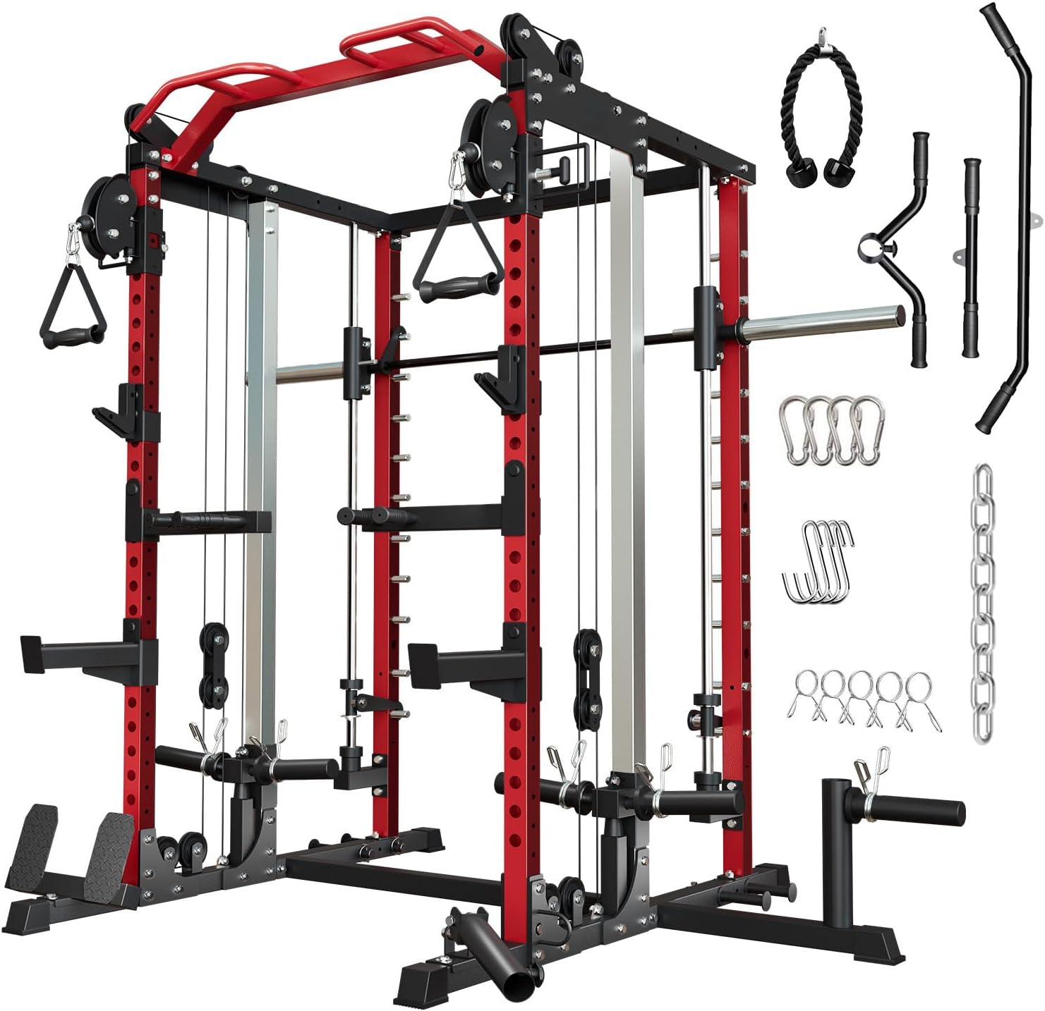 Power Cage Home Gym, Dual Pulley Cable Crossover System, All-in-One Squat Power Rack with Strength Training Attachments fo...