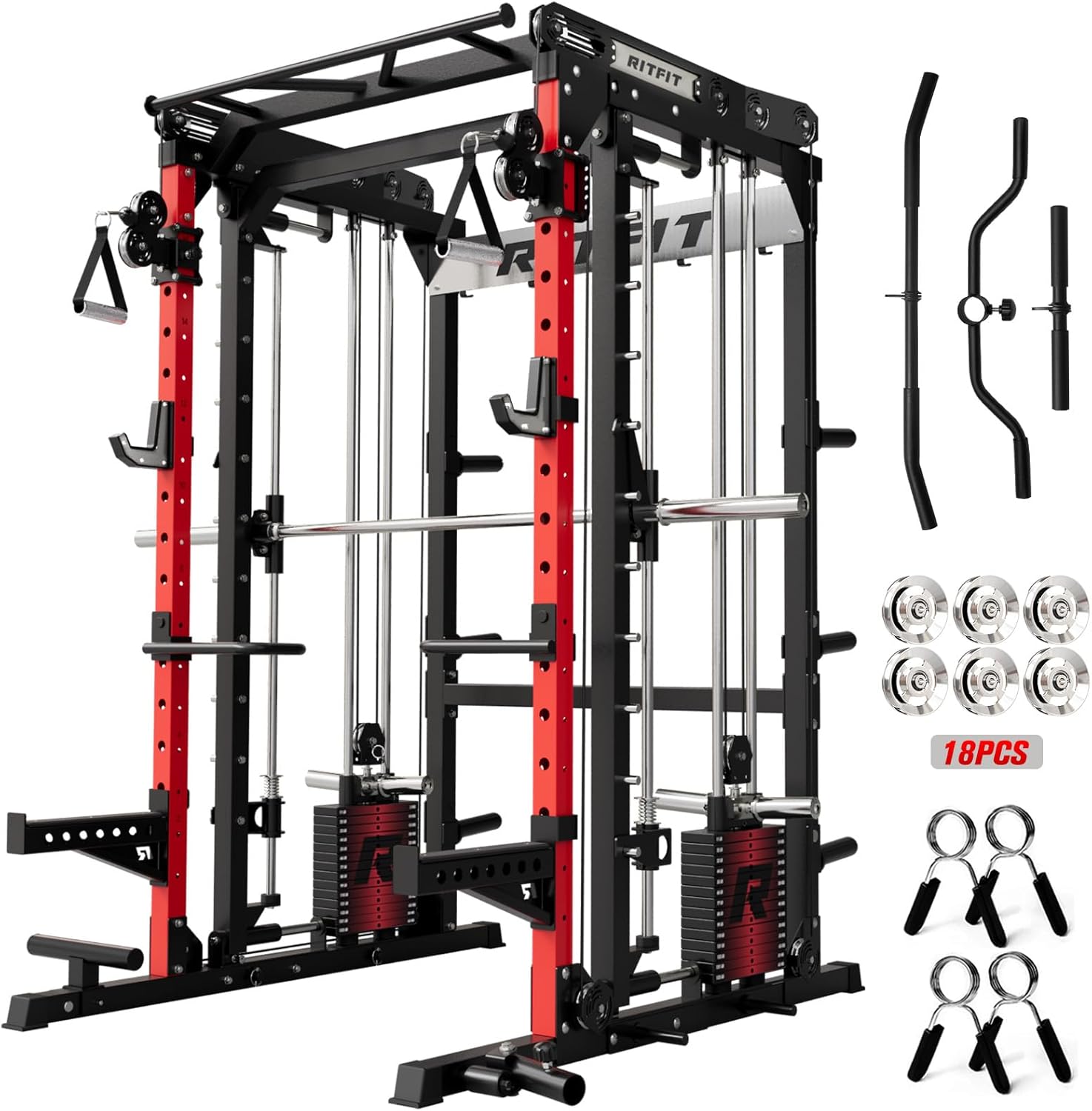 RitFit M2 Smith Machine with with Cable Crossover System, 3D Functional Trainer & Power Cage, 16 Adjustment Holes, 6 Stora...