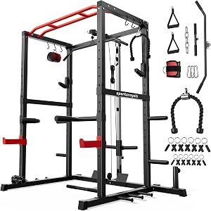 SPORTSROYALS Power Rack, Multi-Functional Power Cage, Squat Rack with Pulley System &
