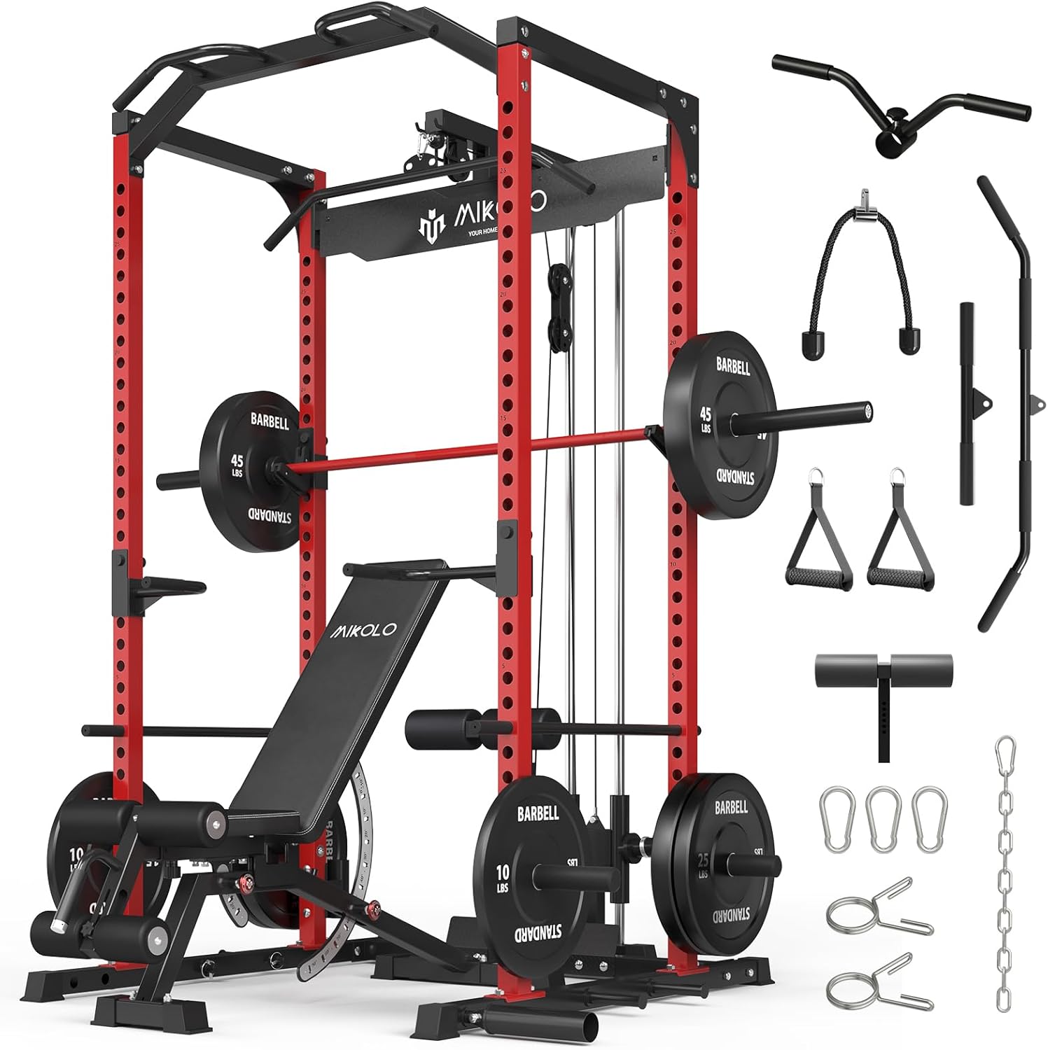 Mikolo F4 2.0 Power Cage with Dual-Track Smooth Pulley System, 1200LBS Power Rack with Leg Hold-Down for Heavy LAT Pulldowns